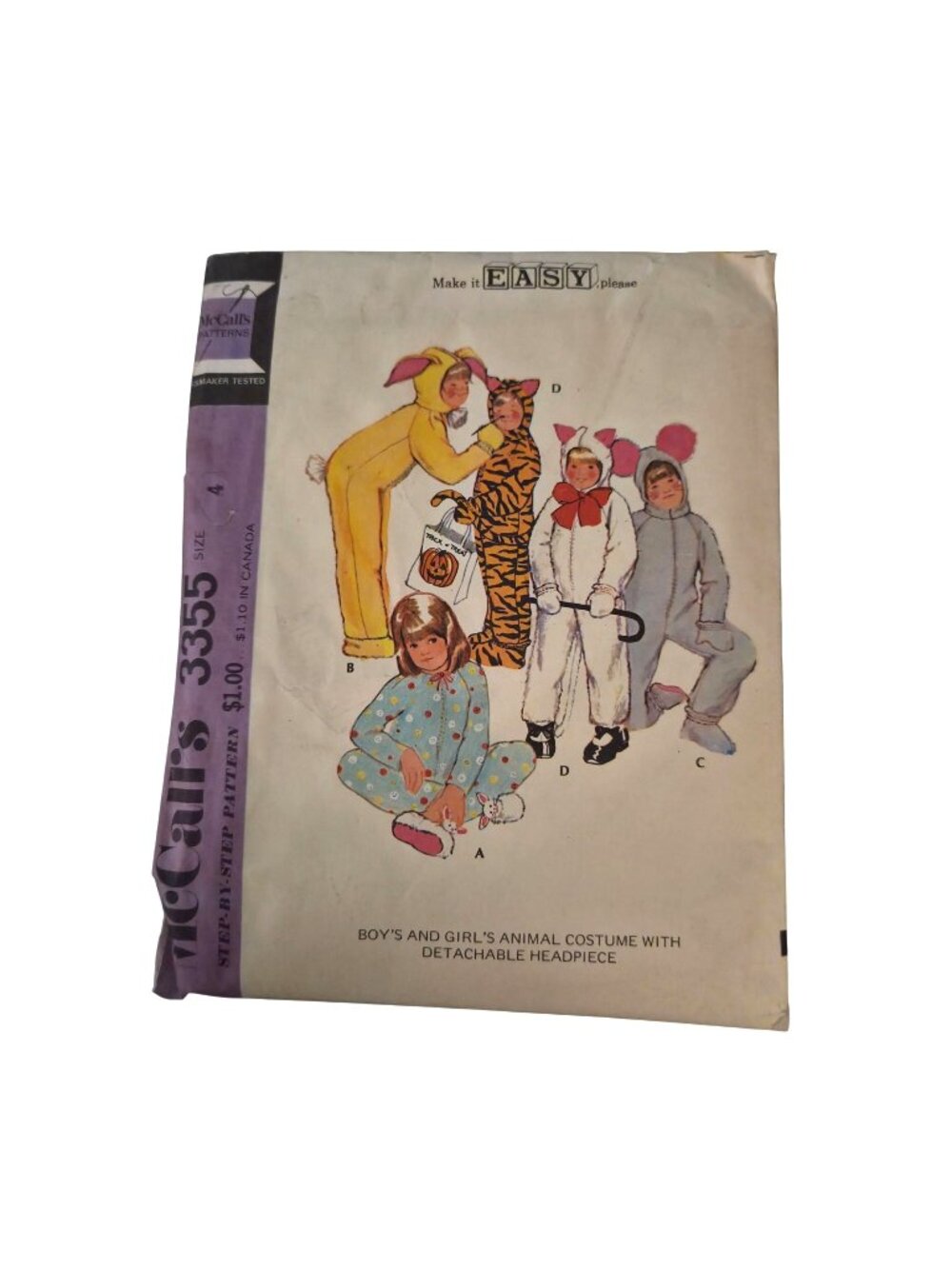 McCalls 3355 Child Animal Costume Pattern Detachable Headpiece Size 4 1972 Uncut